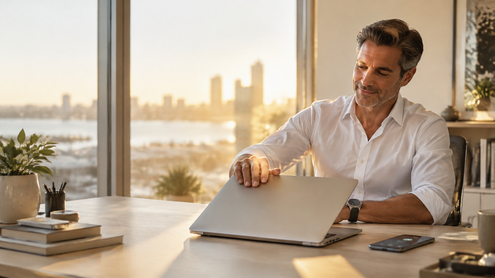 Executive closing his laptop at the end of the day while his phone on the desk keeps answering calls